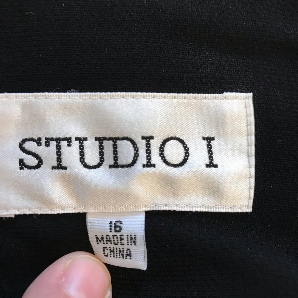 Studio Blazer Jacket Size 16 Black Light Blue Trim Pockets Easy Care Office Corp